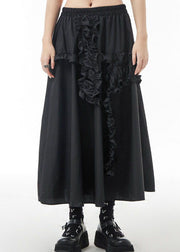 Plus Size Schwarze, elastische Taille, gekräuselte A-Linien-Röcke, Frühling