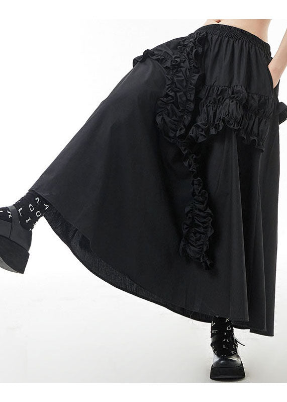 Plus Size Black elastic waist Ruffled A Line Skirts Spring