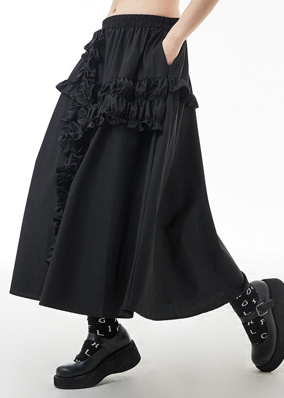 Plus Size Schwarze, elastische Taille, gekräuselte A-Linien-Röcke, Frühling
