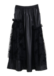 Plus Size Black elastic waist lace Patchwork Faux Leather Skirt Spring