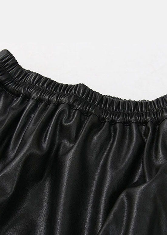Plus Size Black elastic waist lace Patchwork Faux Leather Skirt Spring
