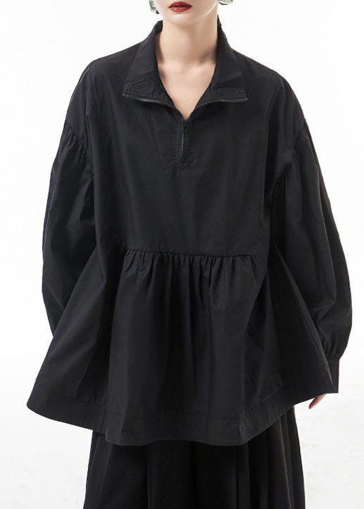 Plus Size Black wrinkled Zip Up Shirt Tops lantern sleeve