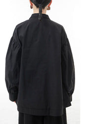 Plus Size Black wrinkled Zip Up Shirt Tops lantern sleeve