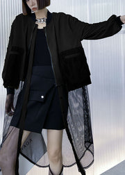 Plus Size Black zippered Pockets Tulle Patchwork Fall Long sleeve Trench coat