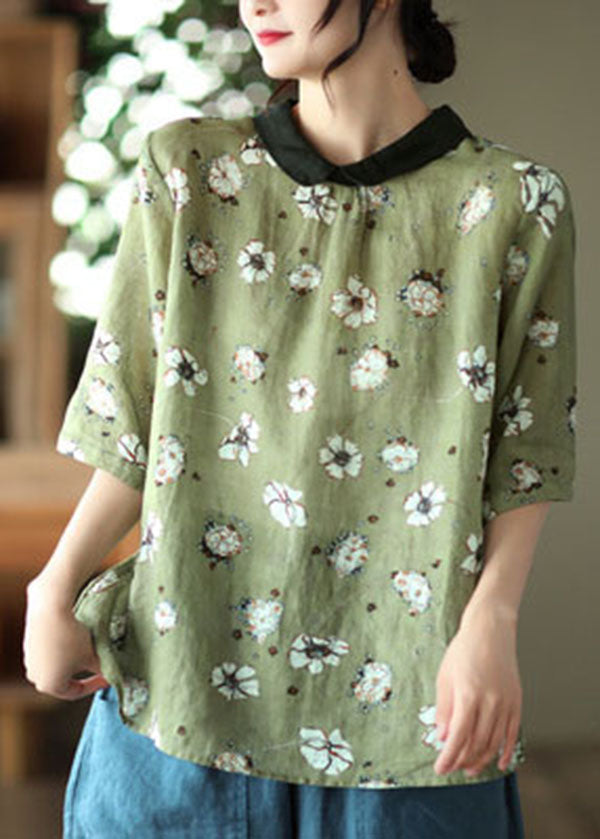 Plus Size Blackish Green Colorblock Patchwork Linen Shirt Top Short Sleeve