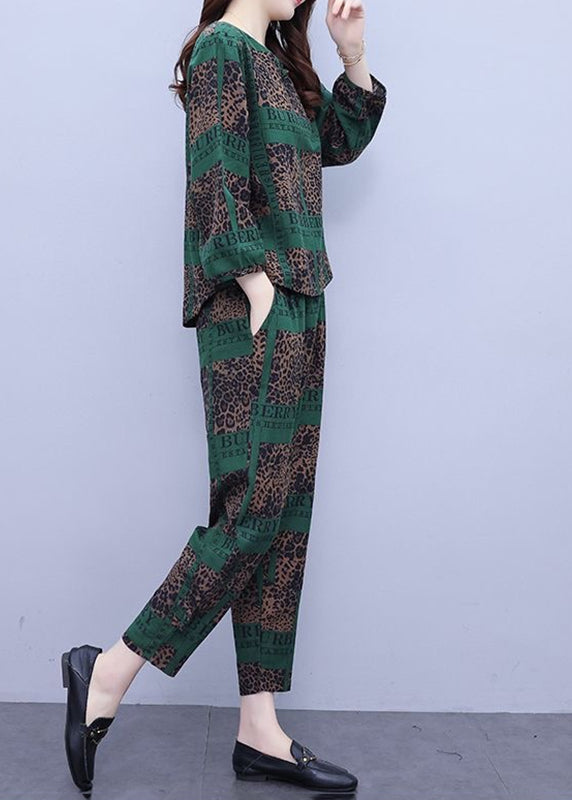 Plus Size Blackish Green Print Top And Crop Pants Two Pieces Set Long Sleeve
