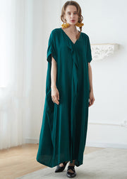 Plus Size Blackish Green V Neck Pockets Patchwork Cotton Maxi Dress Summer