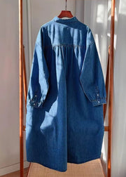 Plus Size Blue Button Pockets Denim Long Dresses Fall