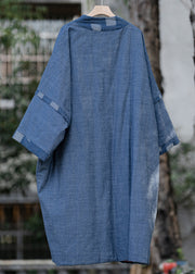 Plus Size Blue Button Pockets Patchwork Thin Cotton Coat Fall