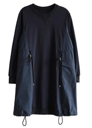 Plus Size Blue Cinched Cotton Patchwork Spring Dress - SooLinen