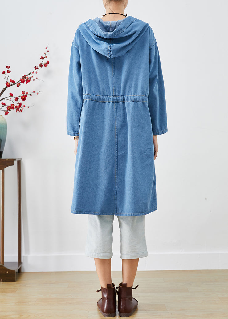 Plus Size Blue Cinched Hooded Denim Trench Fall