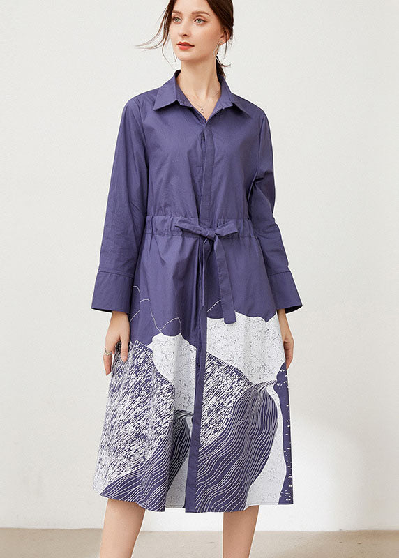 Plus Size Blue Cinched Print Baumwollhemden Kleider Frühling