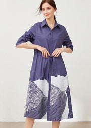 Plus Size Blue Cinched Print Cotton shirts Dresses Spring