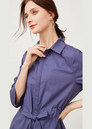 Plus Size Blue Cinched Print Baumwollhemden Kleider Frühling