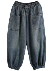 Plus Size Blue Elastic Waist Big Pockets Patchwork Cotton Denim harem Pants Summer