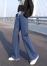Plus Size Blaue elastische Taille Kordelzug drapierte Baumwoll-Denim-Hose mit weitem Bein Sommer