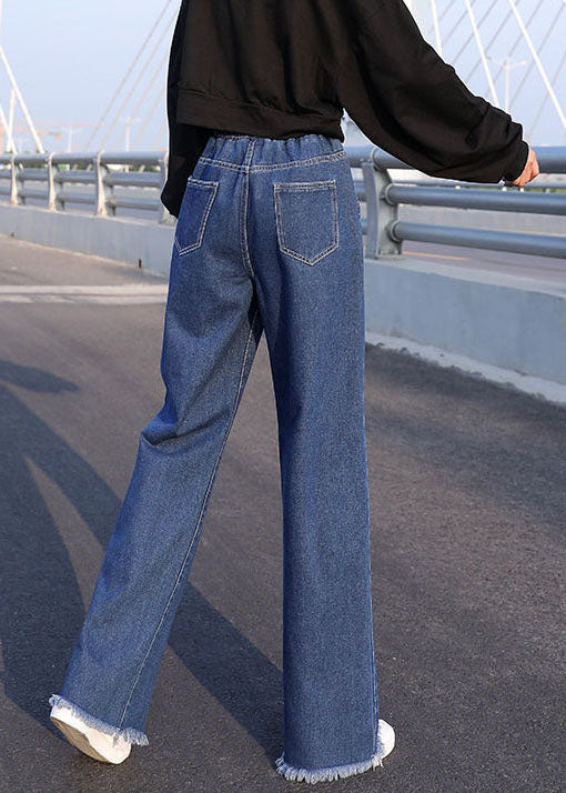 Plus Size Blaue elastische Taille Kordelzug drapierte Baumwoll-Denim-Hose mit weitem Bein Sommer