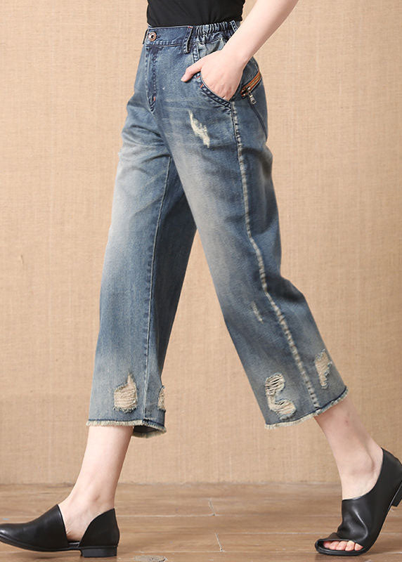Plus Size Blue Elastic Waist Pockets Cotton Crop Pants Jeans Summer