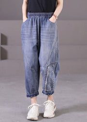 Plus Size Blue Elastic Waist Pockets Patchwork Applique Cotton Denim Harem Pants Summer