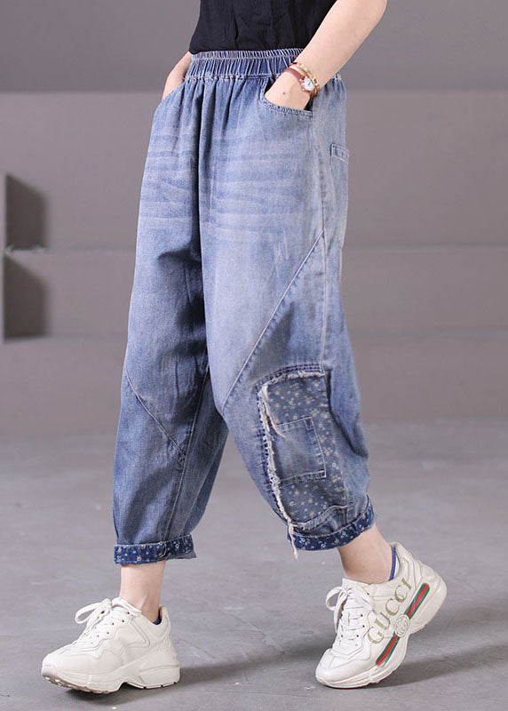 Plus Size Blue Elastic Waist Pockets Patchwork Applique Cotton Denim Harem Pants Summer