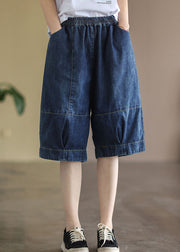 Plus Size Blue Elastic Waist Pockets Patchwork Cotton Denim Half Pants Summer
