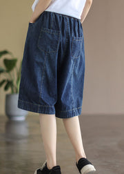 Plus Size Blue Elastic Waist Pockets Patchwork Cotton Denim Half Pants Summer