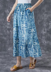 Plus Size Blue Elastic Waist Print Linen A Line Skirts Summer