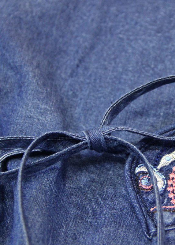 Plus Size Blue Embroidered Asymmetrical Design Tie Waist Cotton Denim Dresses Bracelet Sleeve