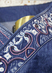 Plus Size Blue Embroidered Asymmetrical Design Tie Waist Cotton Denim Dresses Bracelet Sleeve
