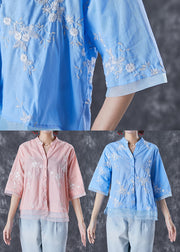 Plus Size Blue Embroidered Patchwork Linen Blouse Tops Summer