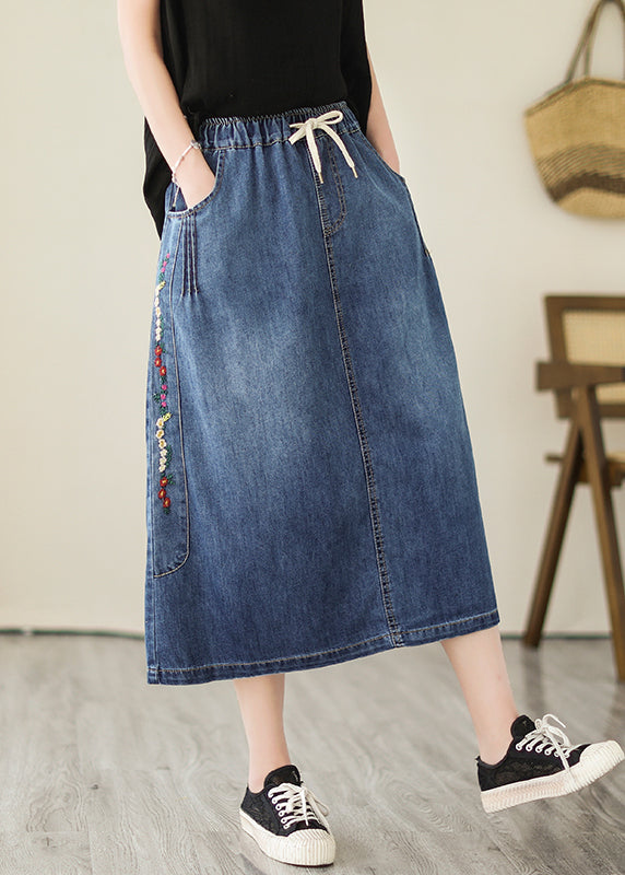 Plus Size Blue Embroidered Pockets Denim Skirts Summer