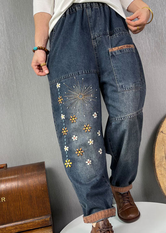 Plus Size Blue Bestickte Taschen Jeanshose Frühling