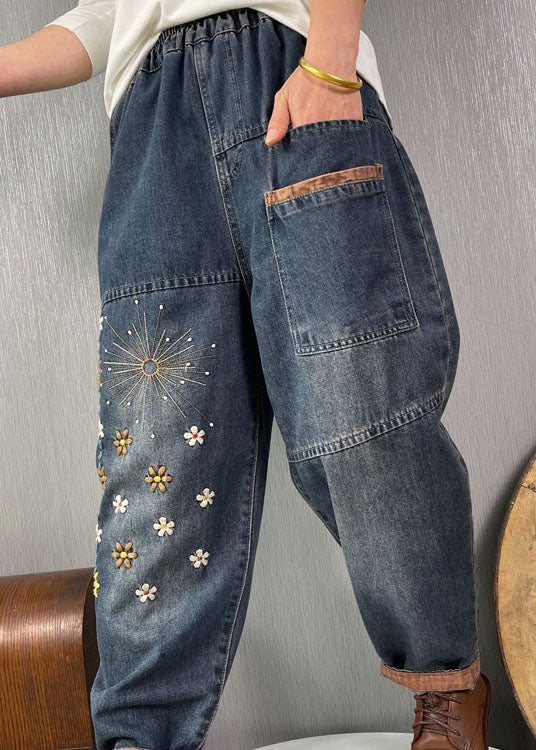 Plus Size Blue Embroidered Pockets denim Pants Spring