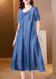 Plus Size Blue Embroidered Side Open Denim Dress Summer
