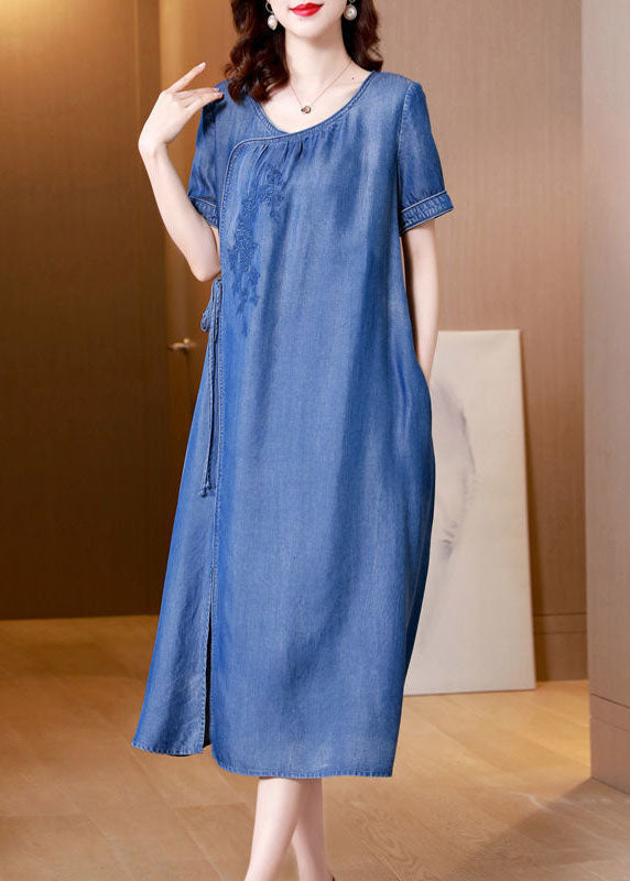 Plus Size Blue Embroidered Side Open Denim Dress Summer