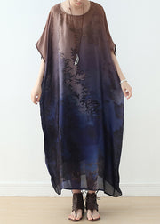 Plus Size Blue Gradient Color O-Neck Draping Print Silk Long Dresses Short Sleeve