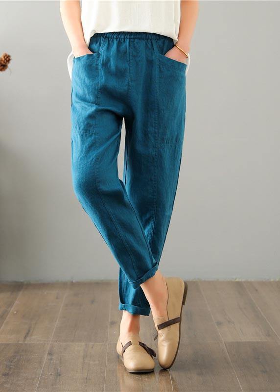 Plus Size Blue Harem Cotton Linen Summer Pants - SooLinen
