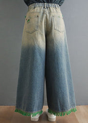 Plus Size Blau Hohe Taille Loch Taschen Quaste Baumwolle Denim Hose mit weitem Bein Frühling