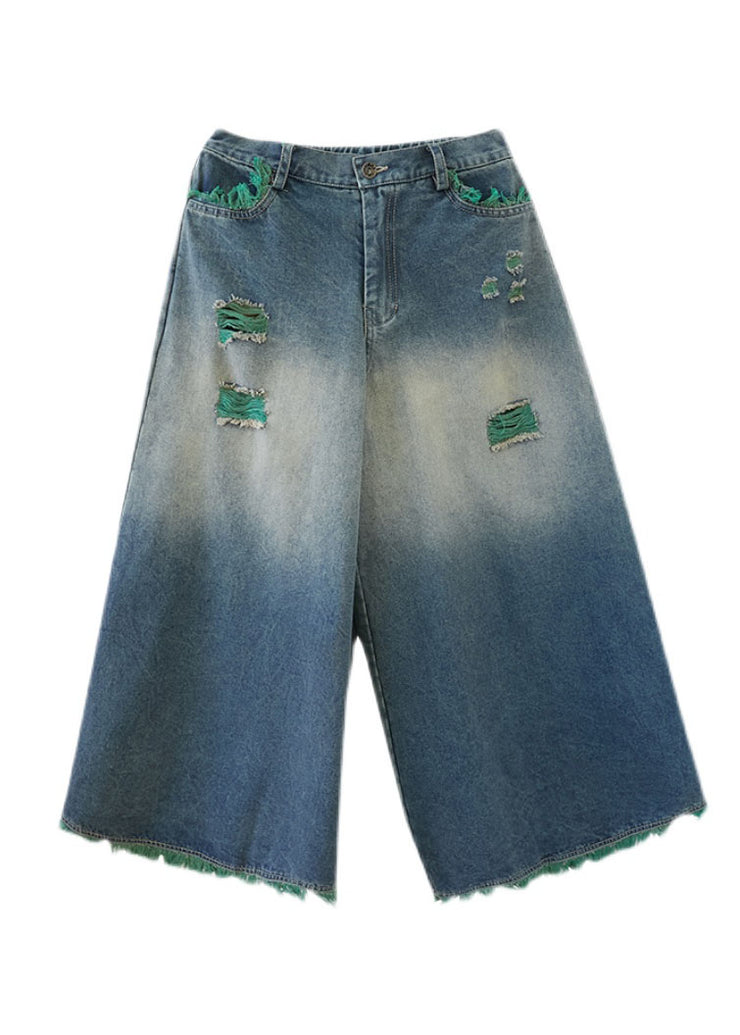 Plus Size Blue High Waist Hole Pockets Tassel Cotton Denim Wide Leg Pants Spring