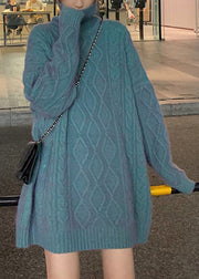 Plus Size Blue Hign Neck Patchwork Cable Knit Sweater Dress Winter