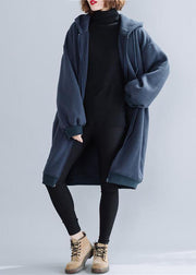 Plus Size Blue Hooded Drawstring Pockets Warm Fleece Jackets Winter