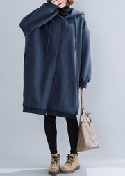 Plus Size Blue Hooded Drawstring Pockets Warm Fleece Jackets Winter