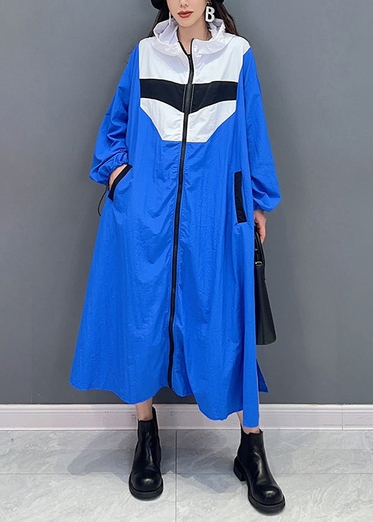 Plus Size Blue Hooded Pockets Patchwork Long Coat Fall