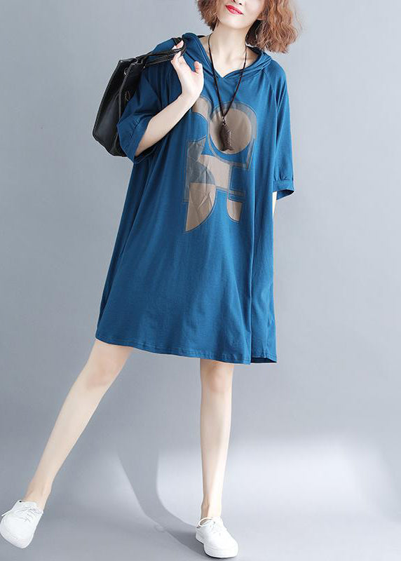 Plus Size Blue Hooded Print Cotton Sweatshirt Dress Summer