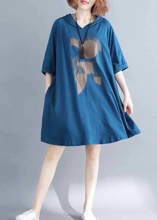 Plus Size Blue Hooded Print Cotton Sweatshirt Dress Summer