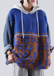Plus Size Blauer Denim-Patchwork-Pullover mit Kapuze und Kordelzug Winter