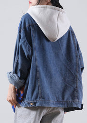 Plus Size Blauer Denim-Patchwork-Pullover mit Kapuze und Kordelzug Winter