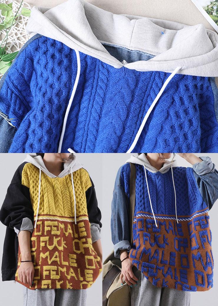 Plus Size Blue Hooded drawstring denim Patchwork Sweater Winter