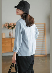 Plus Size Blue Loose V Neck Button Fall Shirts Long Sleeve - SooLinen