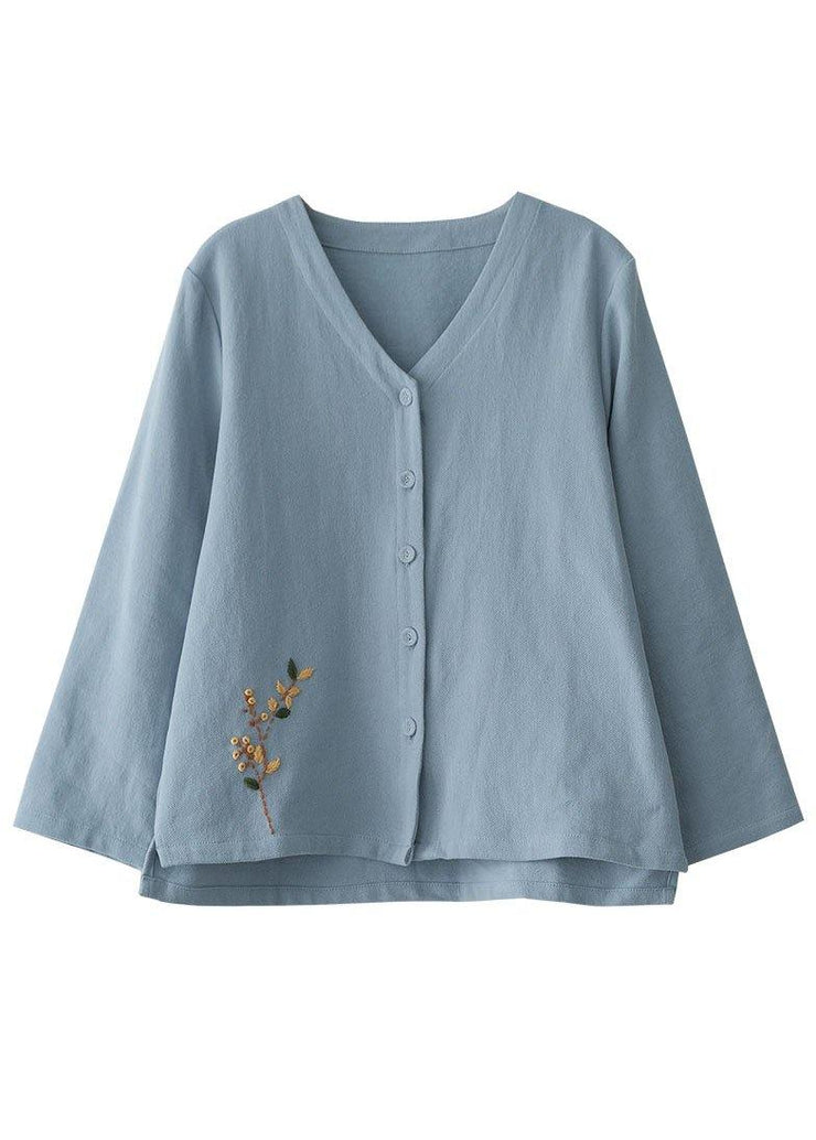 Plus Size Blue Loose V Neck Button Fall Shirts Long Sleeve - SooLinen